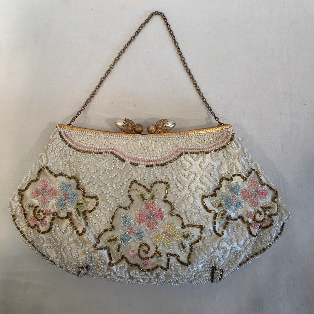 Chunn Paris Hand Made in France Beaded Floral Evening Bag Cream Gold Tone Mirror